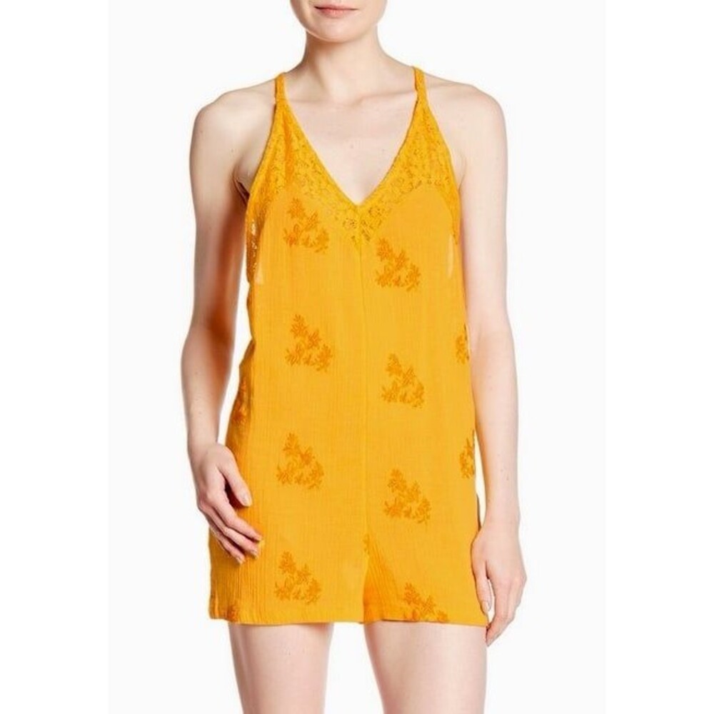 Free People lace embroidered gold mustard Romper beach over up M NWOT